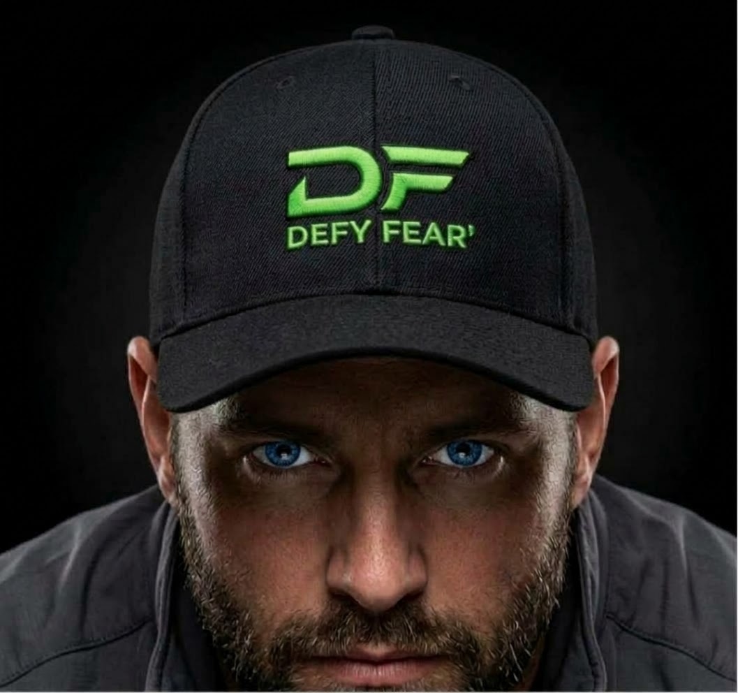 Defy Fear' Co gray and green trucker hat with embroidered DF logo